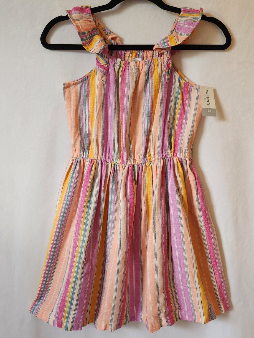 Carter's Kids Size 12 Peach Pink Striped Linen Viscose Blend Ruffle Strap Dress